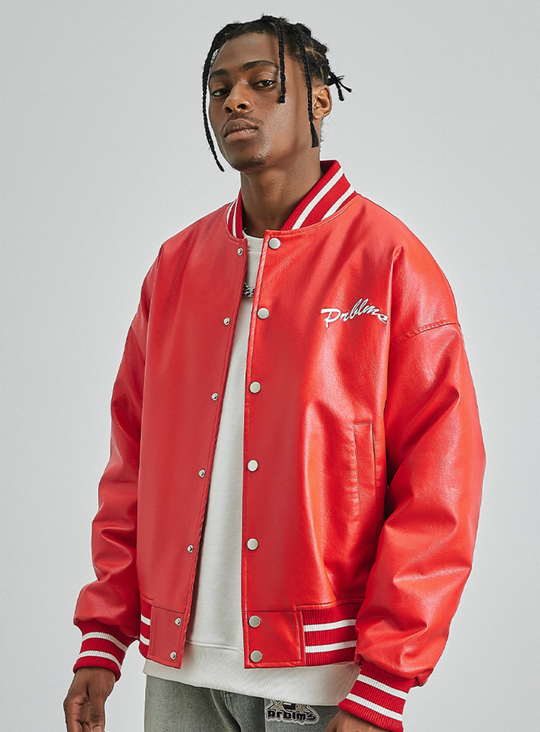PRBLMS Big LOGO Leather Baseball Jacket | Face 3 Face