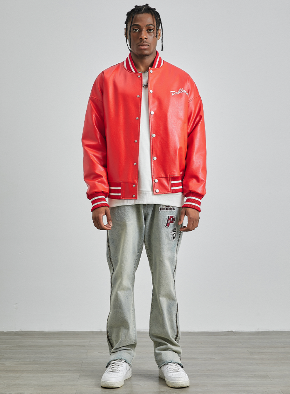 PRBLMS Big LOGO Leather Baseball Jacket | Face 3 Face