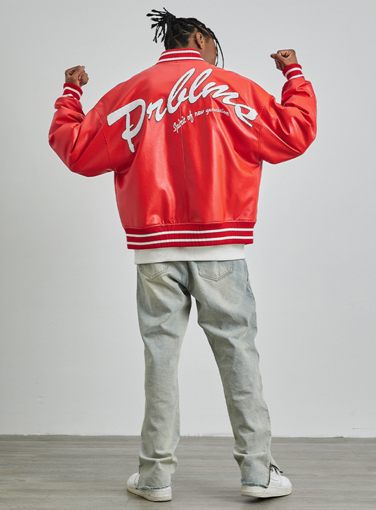 PRBLMS Big LOGO Leather Baseball Jacket | Face 3 Face