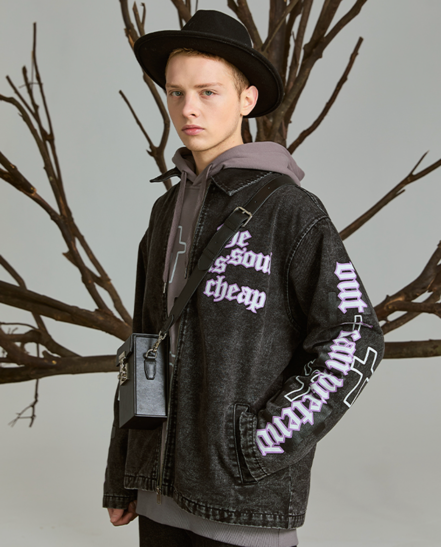 PRBLMS Cross Full Print Washed Denim Jacket | Face 3 Face