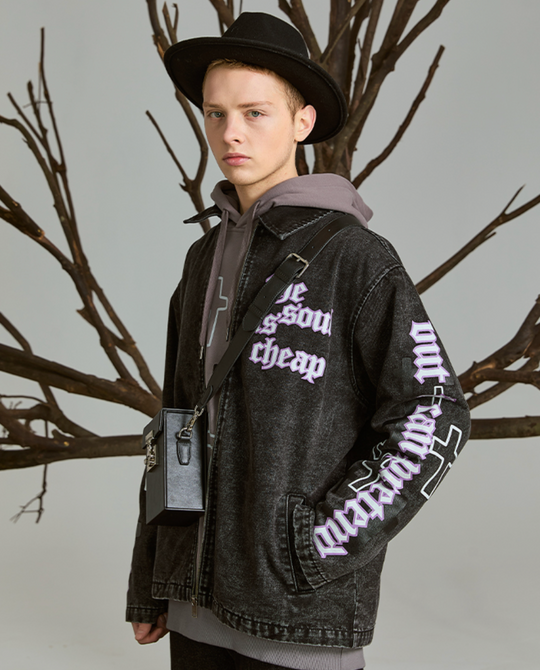 PRBLMS Cross Full Print Washed Denim Jacket | Face 3 Face