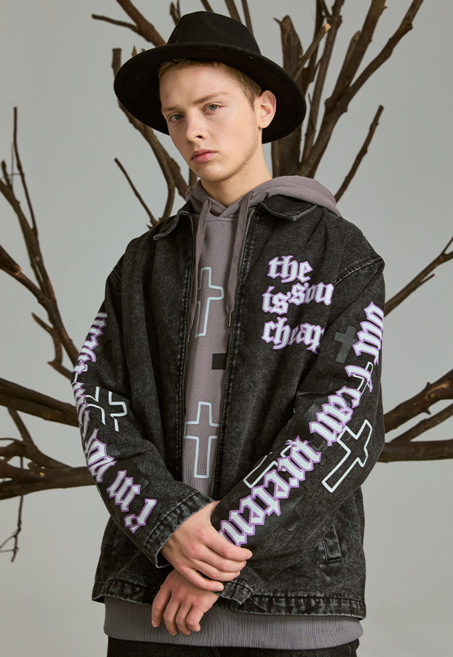 PRBLMS Cross Full Print Washed Denim Jacket | Face 3 Face