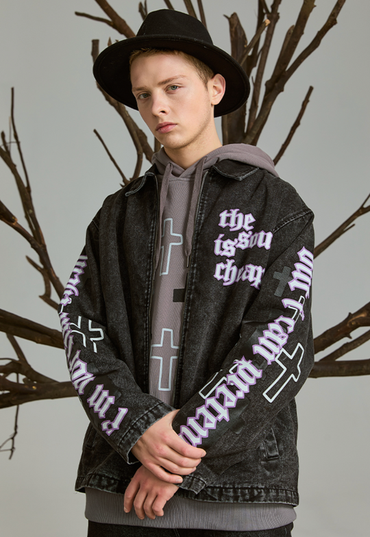 PRBLMS Cross Full Print Washed Denim Jacket | Face 3 Face