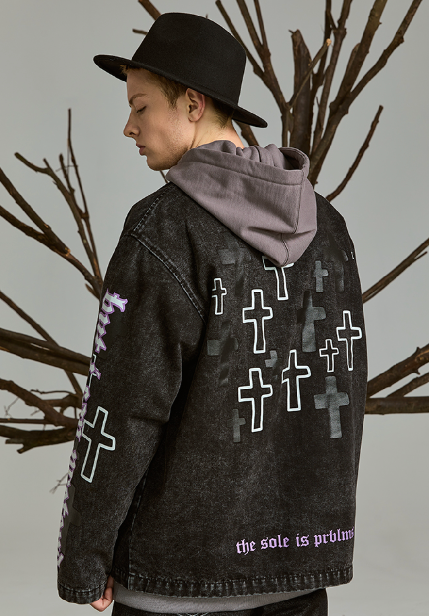 PRBLMS Cross Full Print Washed Denim Jacket | Face 3 Face