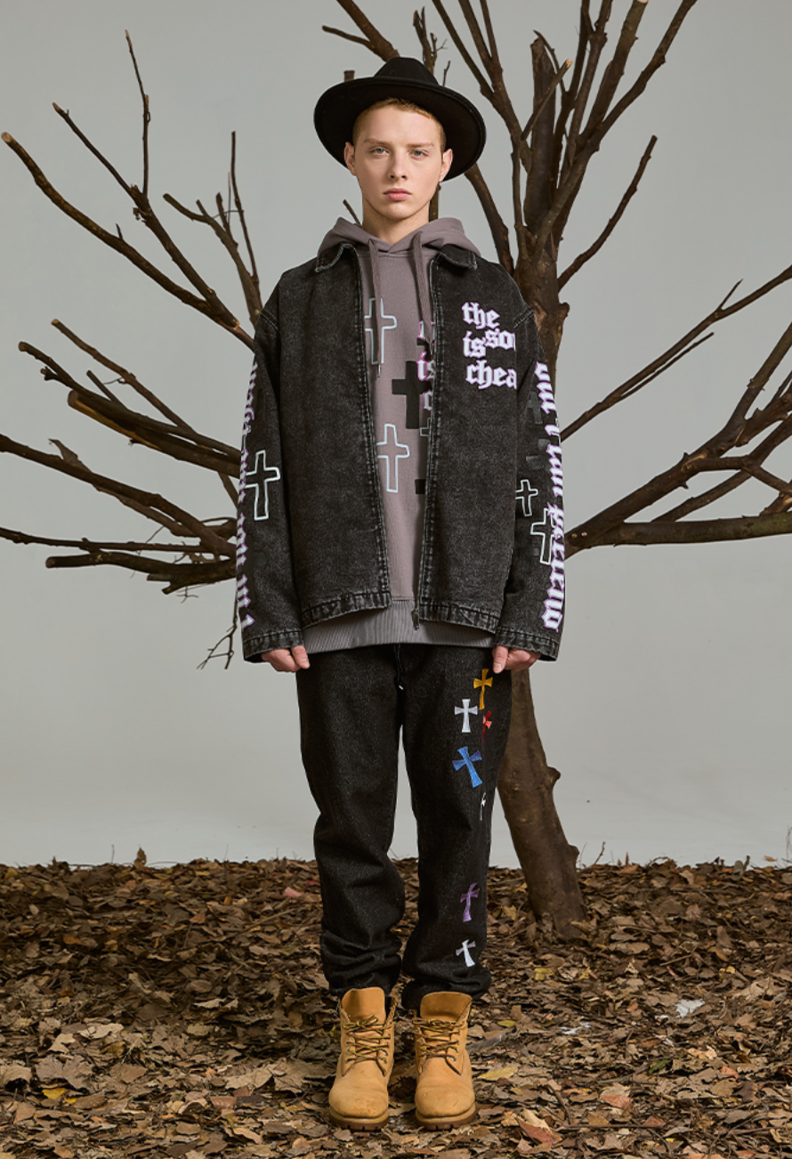 PRBLMS Cross Full Print Washed Denim Jacket | Face 3 Face