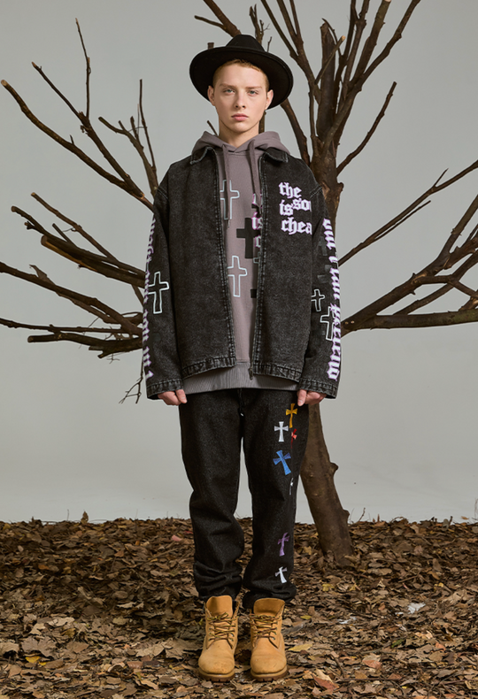 PRBLMS Cross Full Print Washed Denim Jacket | Face 3 Face