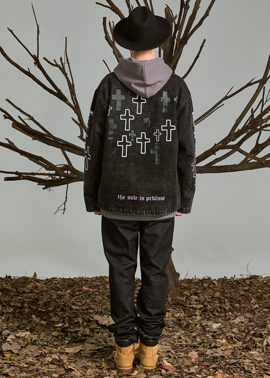 PRBLMS Cross Full Print Washed Denim Jacket | Face 3 Face