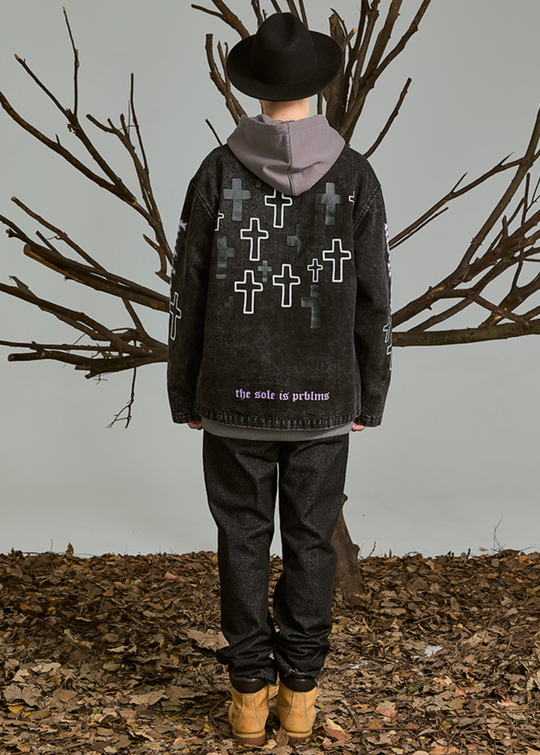 PRBLMS Cross Full Print Washed Denim Jacket | Face 3 Face