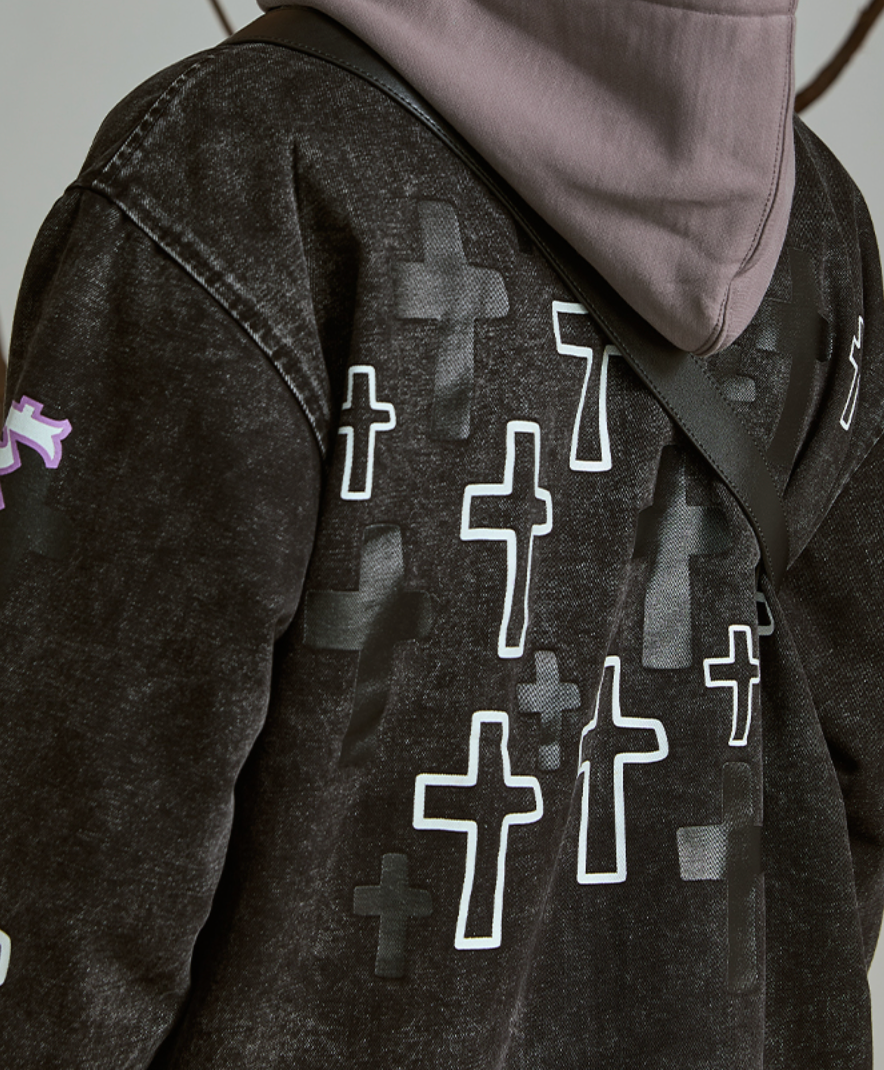 PRBLMS Cross Full Print Washed Denim Jacket | Face 3 Face