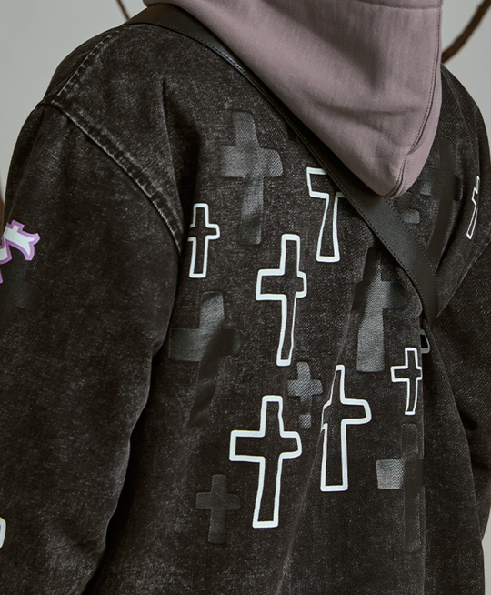 PRBLMS Cross Full Print Washed Denim Jacket | Face 3 Face