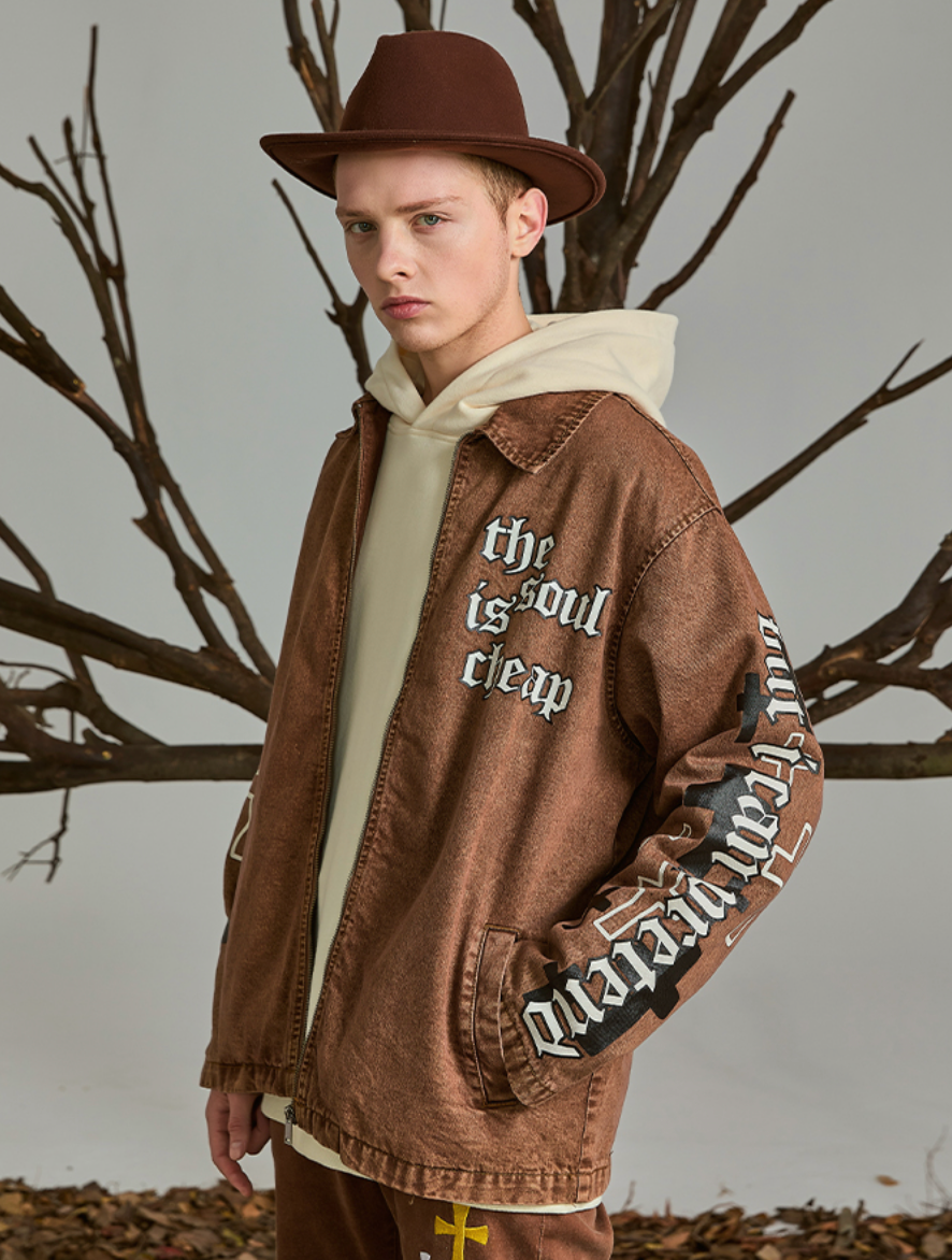 PRBLMS Cross Full Print Washed Denim Jacket | Face 3 Face