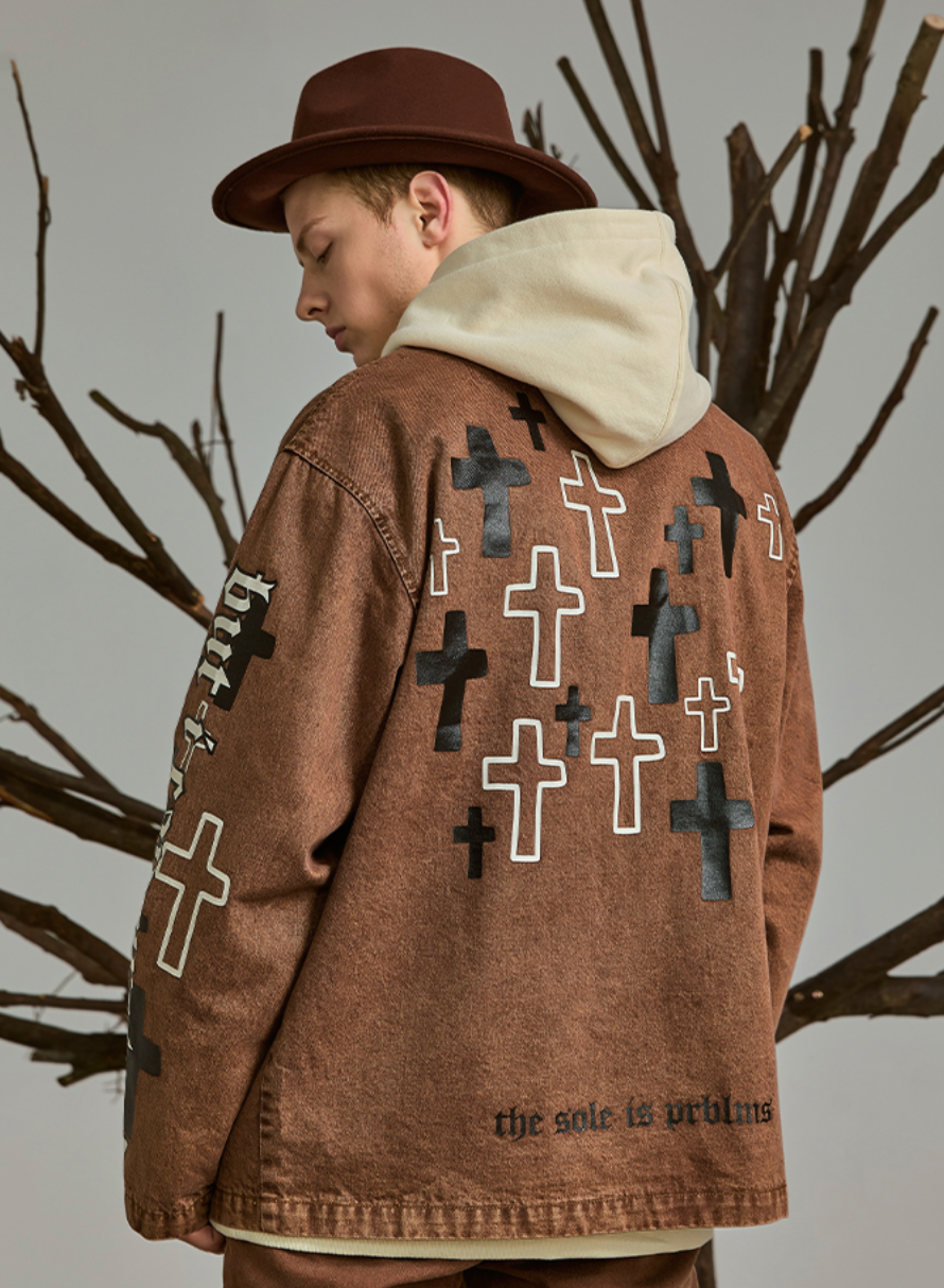 PRBLMS Cross Full Print Washed Denim Jacket | Face 3 Face