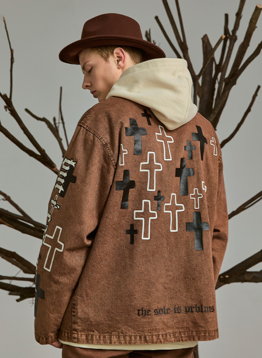 PRBLMS Cross Full Print Washed Denim Jacket | Face 3 Face