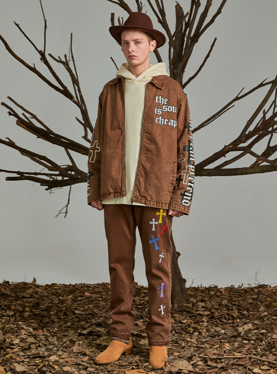 PRBLMS Cross Full Print Washed Denim Jacket | Face 3 Face