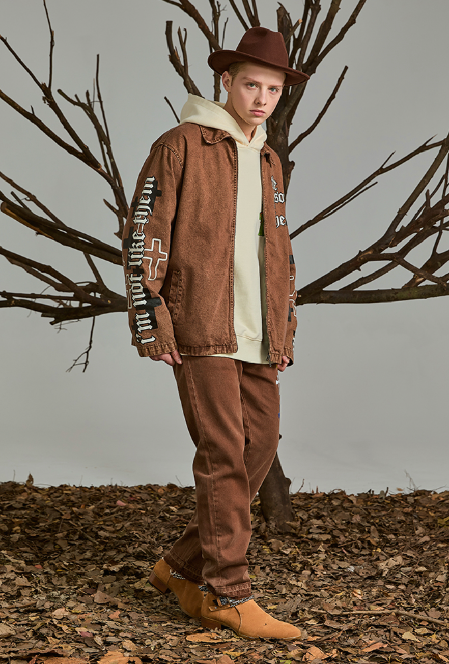 PRBLMS Cross Full Print Washed Denim Jacket | Face 3 Face