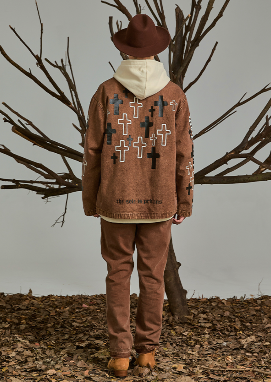 PRBLMS Cross Full Print Washed Denim Jacket | Face 3 Face