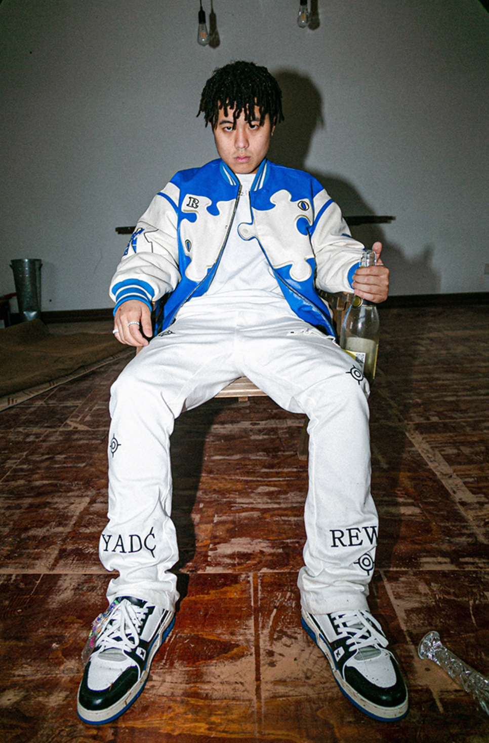 YADcrew X ROOT Puzzle Stitching Leather Varsity Jacket