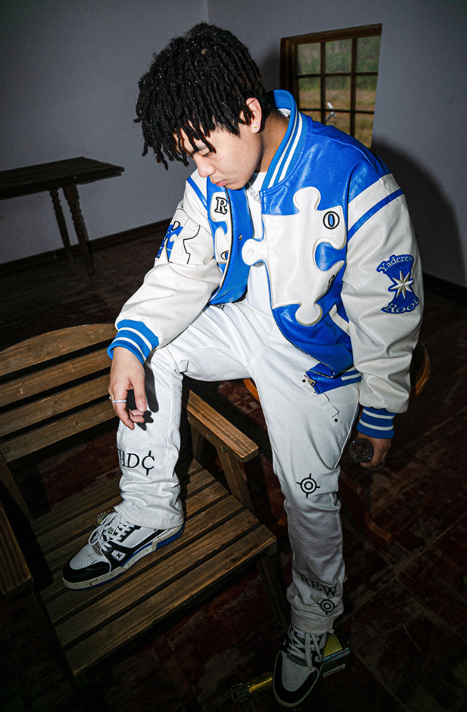 YADcrew X ROOT Puzzle Stitching Leather Varsity Jacket