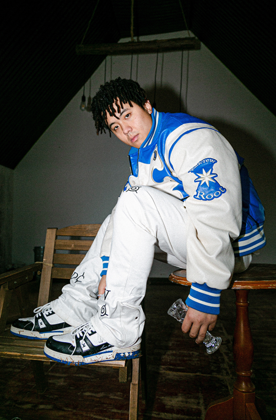 YADcrew X ROOT Puzzle Stitching Leather Varsity Jacket