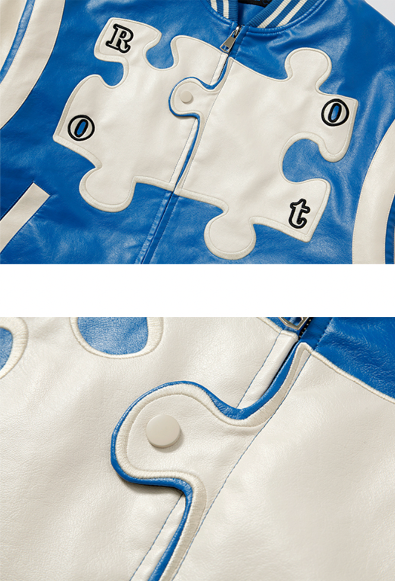 YADcrew X ROOT Puzzle Stitching Leather Varsity Jacket