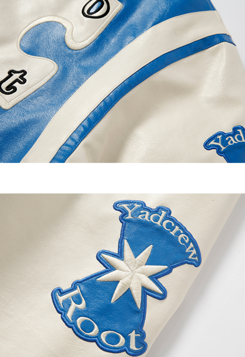 YADcrew X ROOT Puzzle Stitching Leather Varsity Jacket