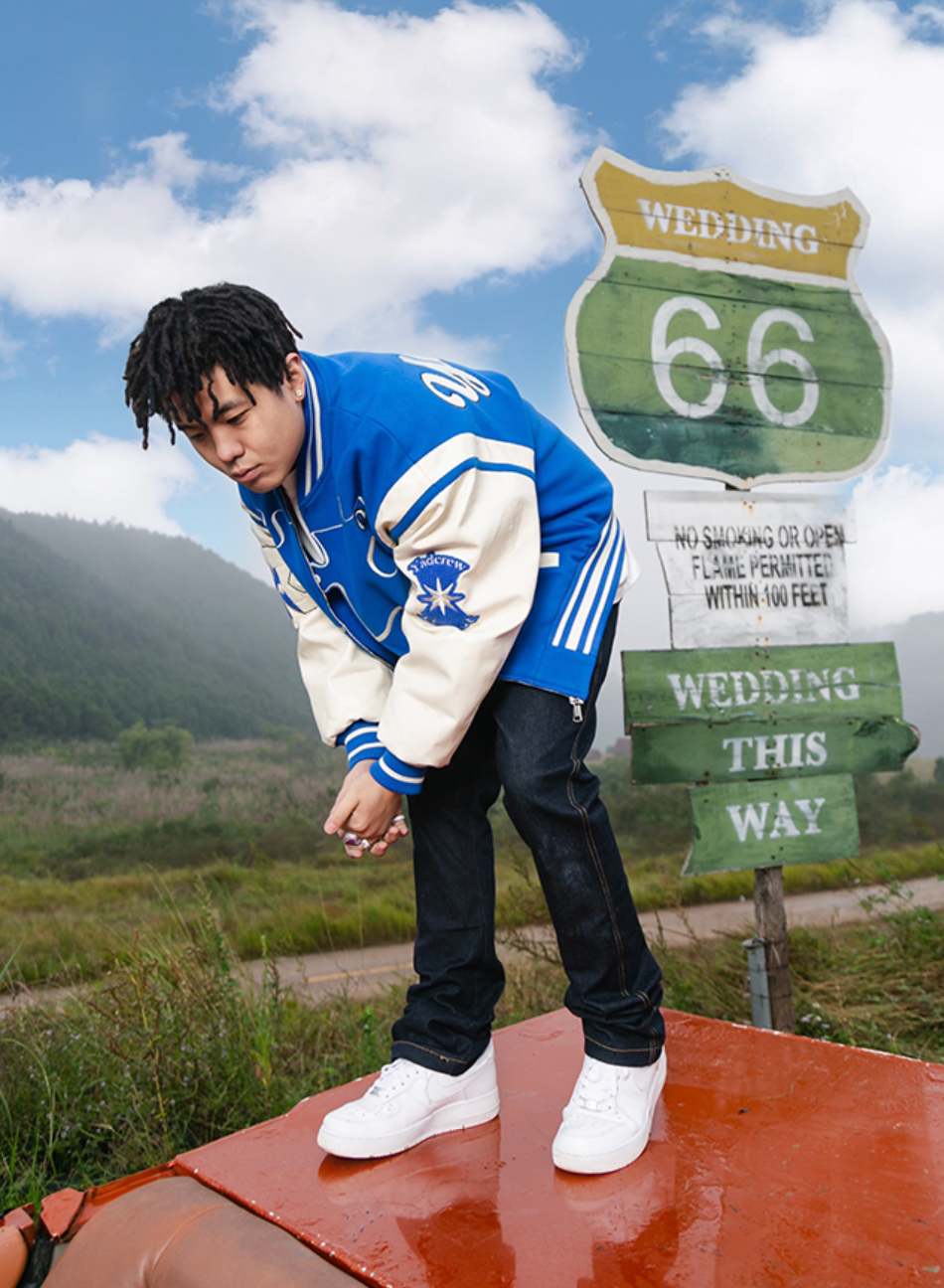 YADcrew X ROOT Puzzle Stitching Varsity Jacket