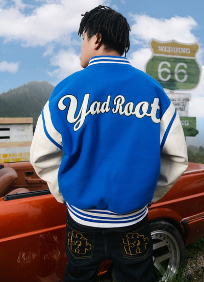 YADcrew X ROOT Puzzle Stitching Varsity Jacket