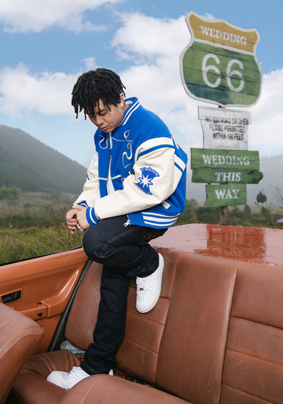 YADcrew X ROOT Puzzle Stitching Varsity Jacket