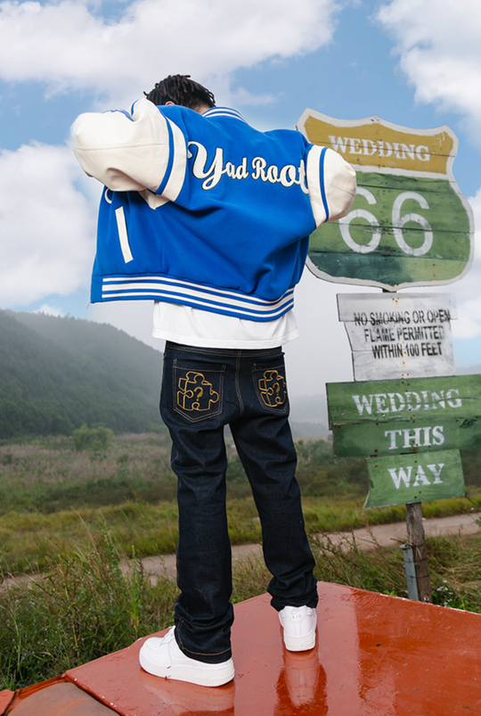 YADcrew X ROOT Puzzle Stitching Varsity Jacket
