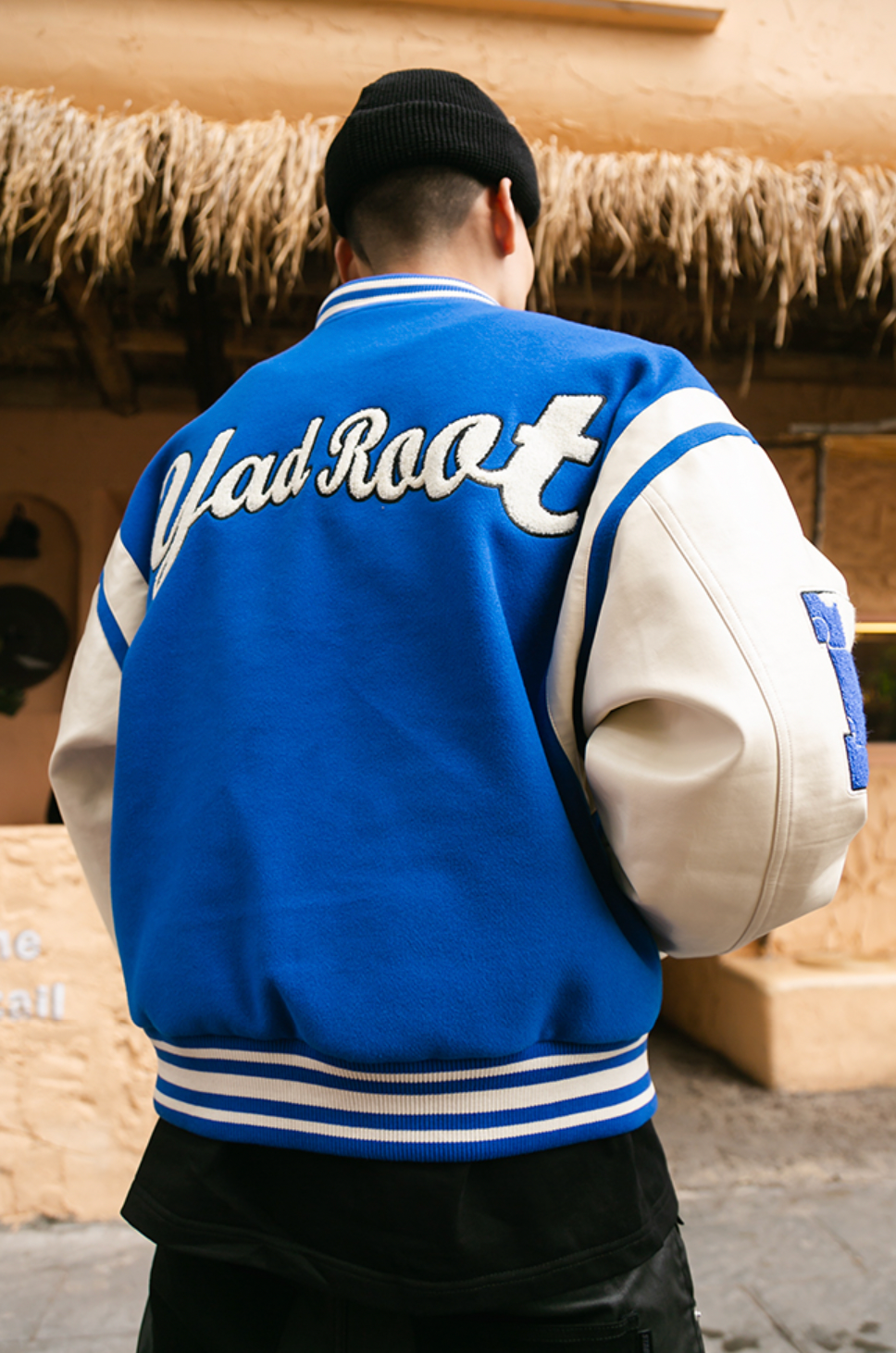 YADcrew X ROOT Puzzle Stitching Varsity Jacket
