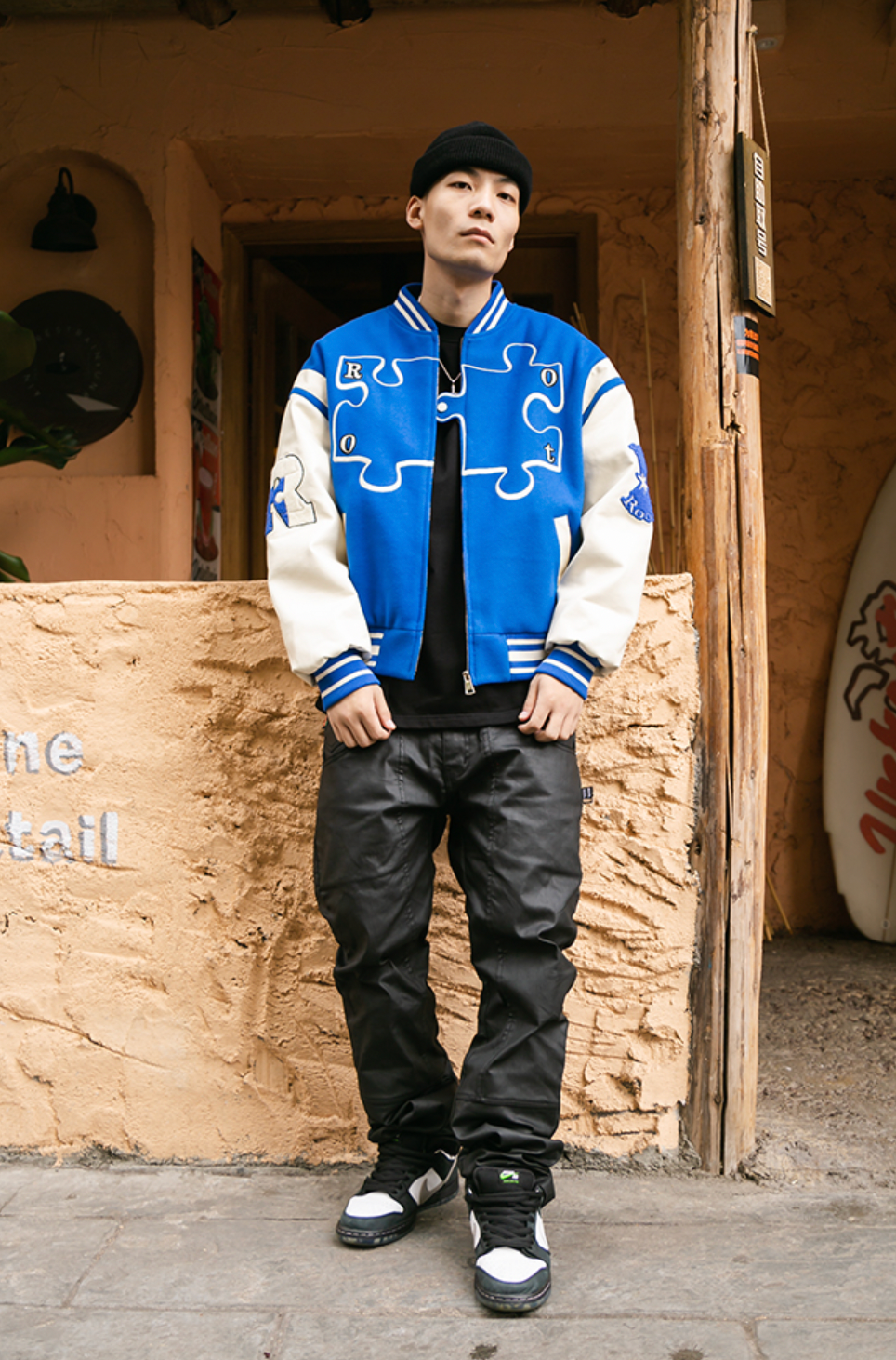 YADcrew X ROOT Puzzle Stitching Varsity Jacket