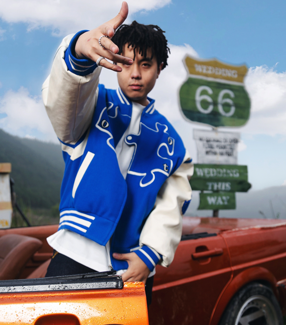 YADcrew X ROOT Puzzle Stitching Varsity Jacket