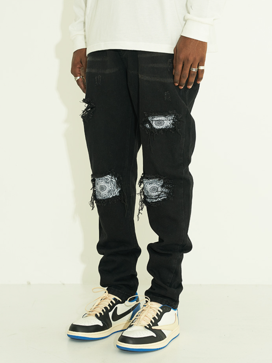 Harsh and Cruel Distressed Flower Print Distressed Loose Denim