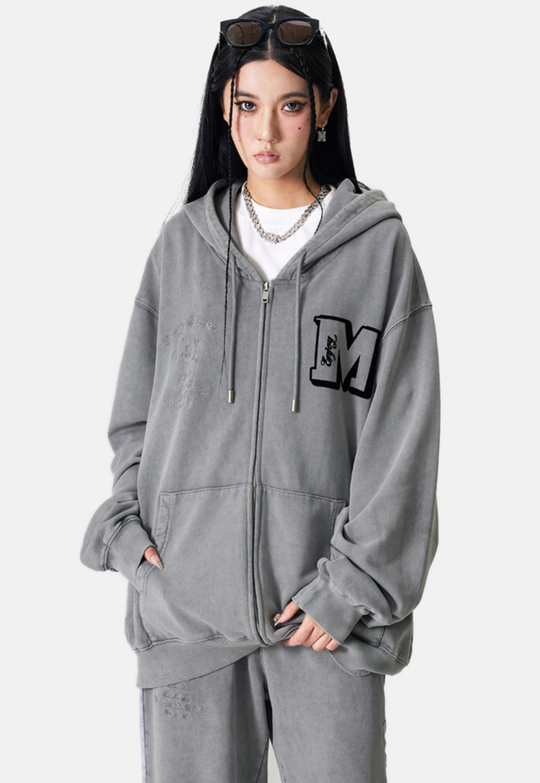 MEDM Flocking Embroidery Printed Zipper Hoodie