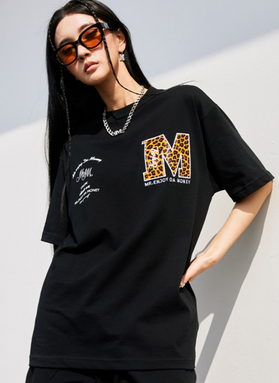 MEDM Leopard-Print Snake-Print Leather Embroidery Tee