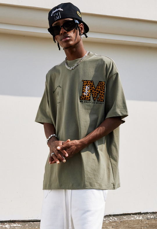 MEDM Leopard-Print Snake-Print Leather Embroidery Tee