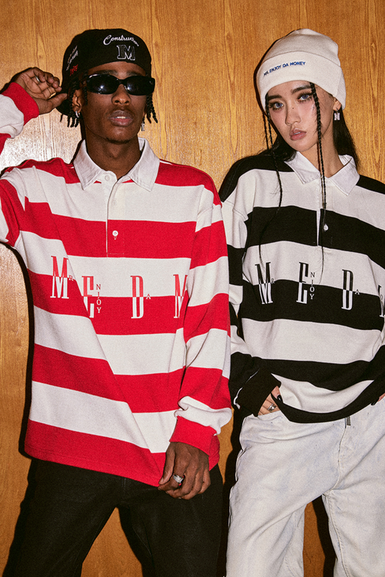 MEDM Striped Logo Long Sleeved Polo Shirt