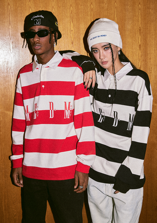 MEDM Striped Logo Long Sleeved Polo Shirt