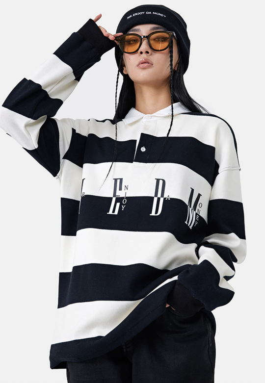 MEDM Striped Logo Long Sleeved Polo Shirt