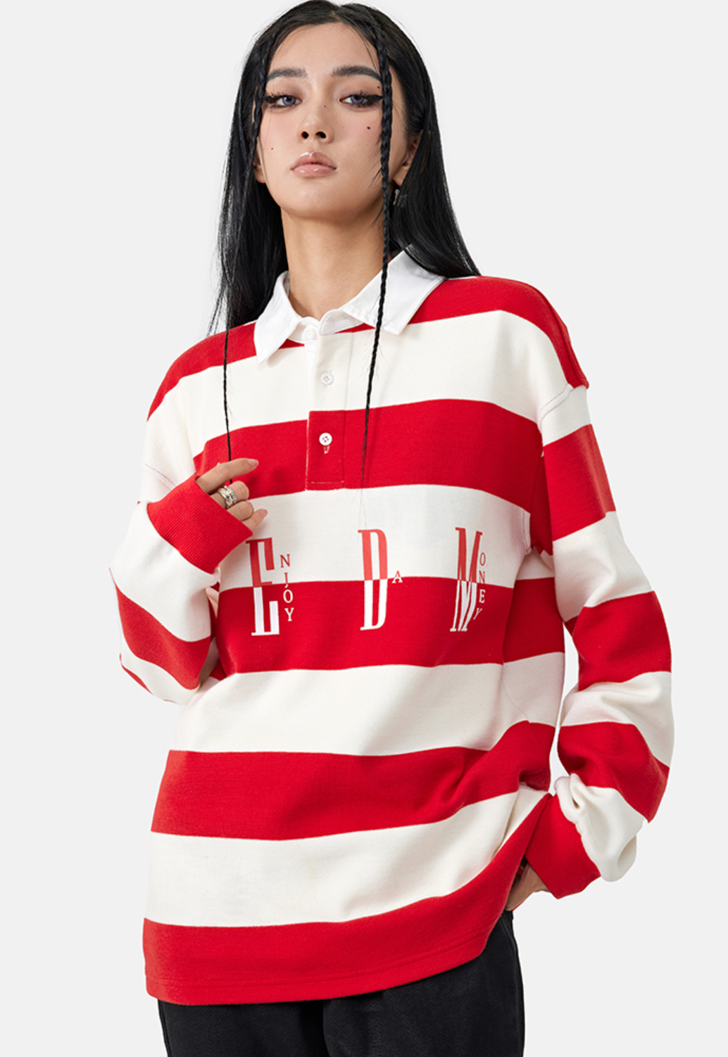 MEDM Striped Logo Long Sleeved Polo Shirt