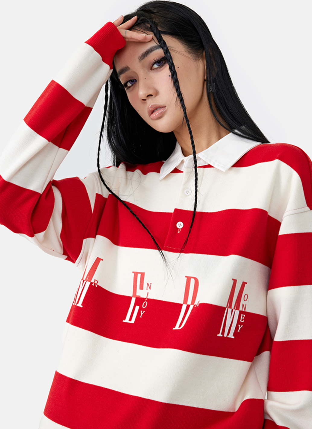 MEDM Striped Logo Long Sleeved Polo Shirt