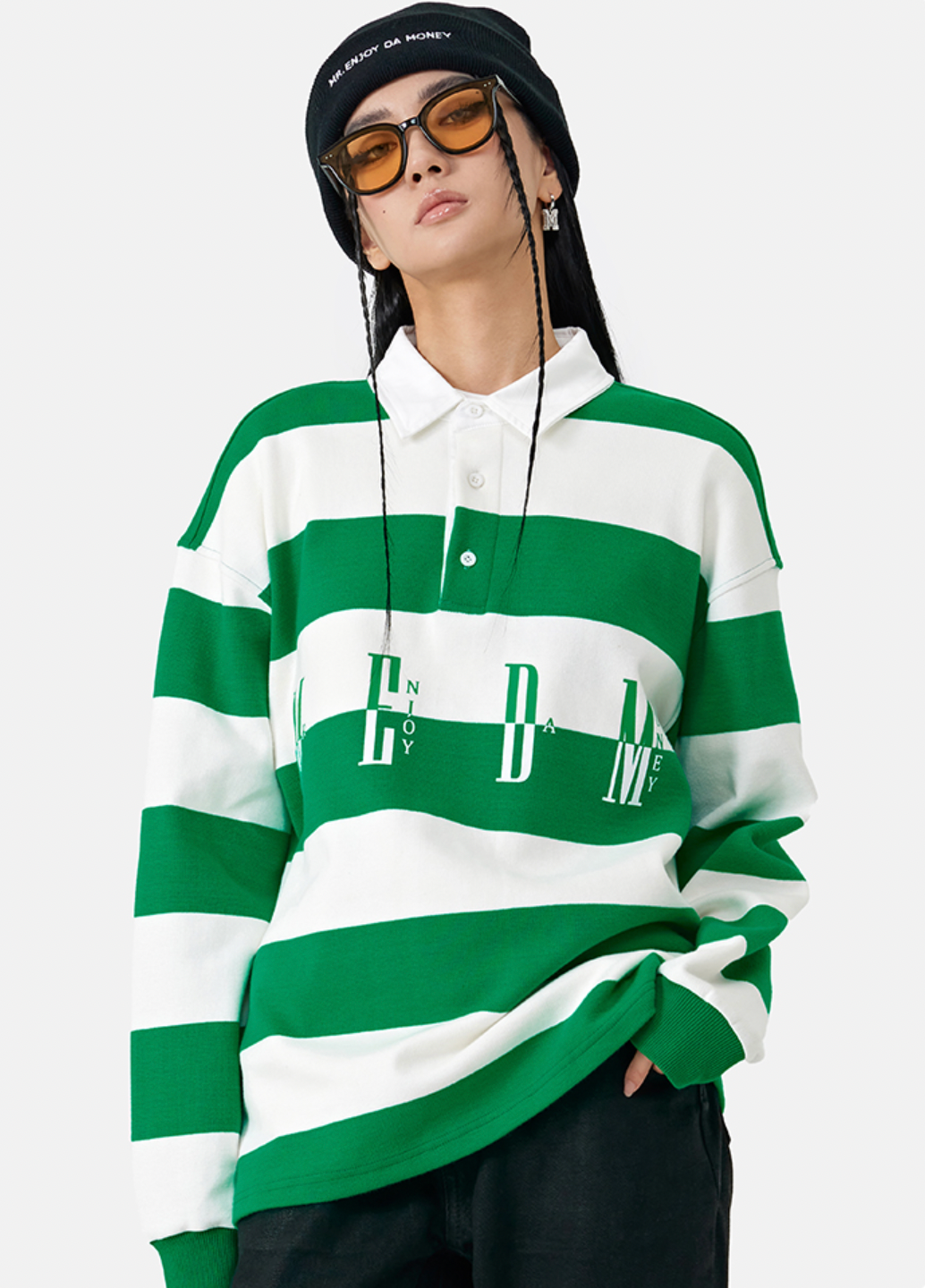 MEDM Striped Logo Long Sleeved Polo Shirt