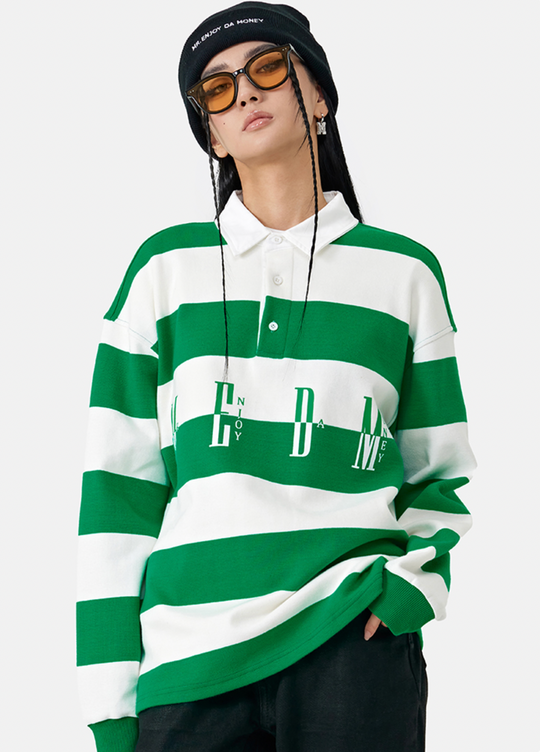 MEDM Striped Logo Long Sleeved Polo Shirt