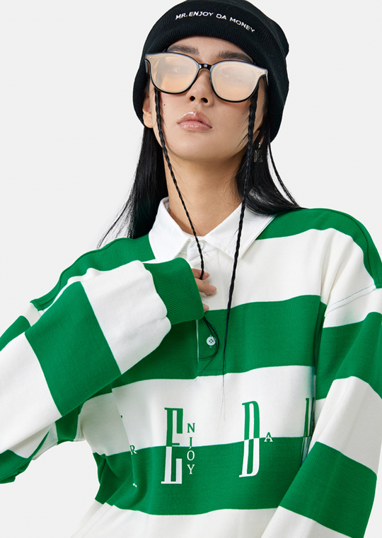 MEDM Striped Logo Long Sleeved Polo Shirt