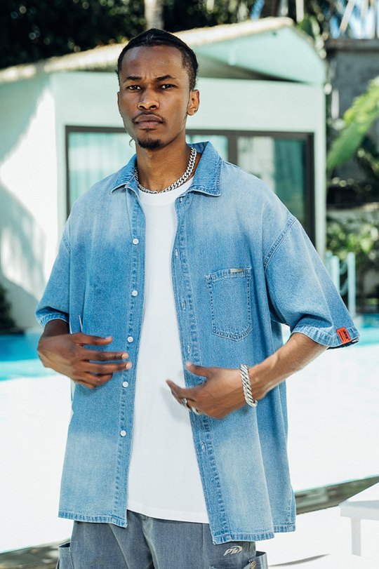 PRBLMS Chinese Big LOGO Denim Short Sleeved Shirt
