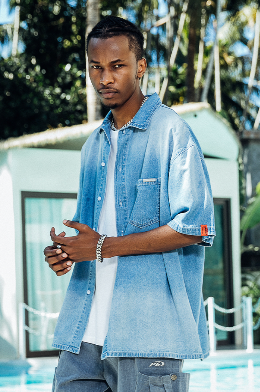 PRBLMS Chinese Big LOGO Denim Short Sleeved Shirt