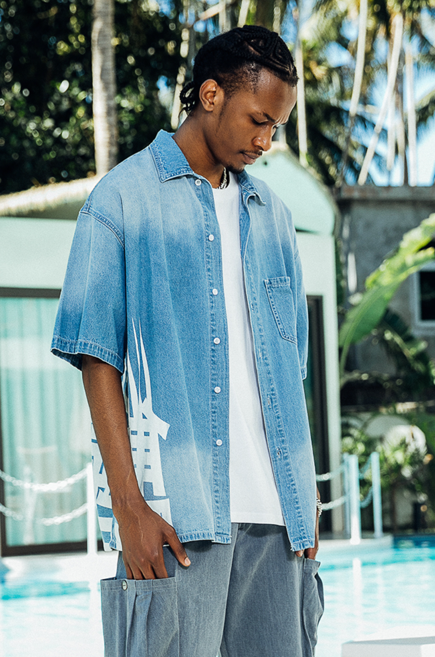 PRBLMS Chinese Big LOGO Denim Short Sleeved Shirt