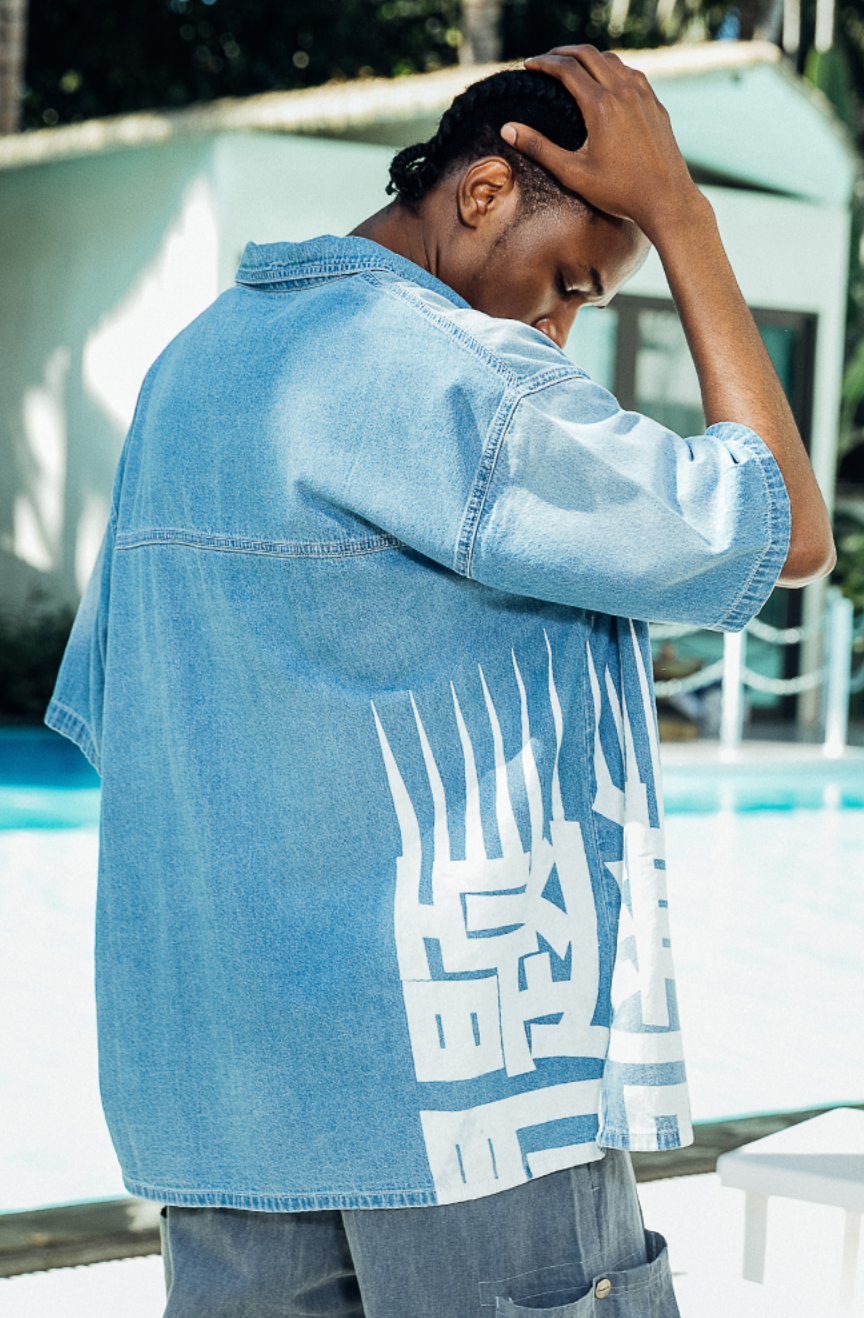 PRBLMS Chinese Big LOGO Denim Short Sleeved Shirt