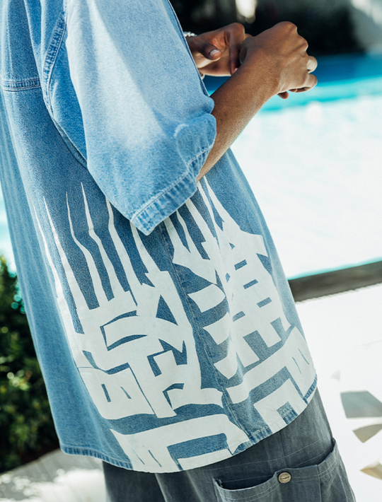 PRBLMS Chinese Big LOGO Denim Short Sleeved Shirt