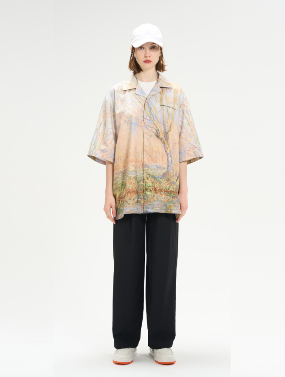 Harsh and Cruel Vintage Forest Lake Oil Painting Cuban Shirt